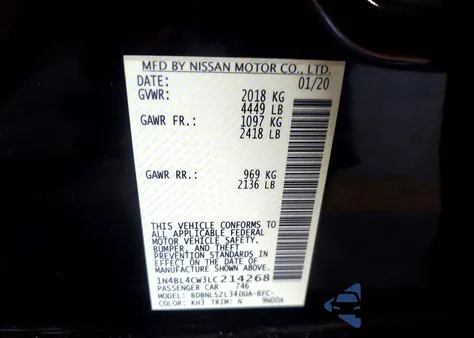 2020 Nissan Altima 2.5 Sr z USA, uszkodzony, nr VIN 1N4BL4CW3LC214268